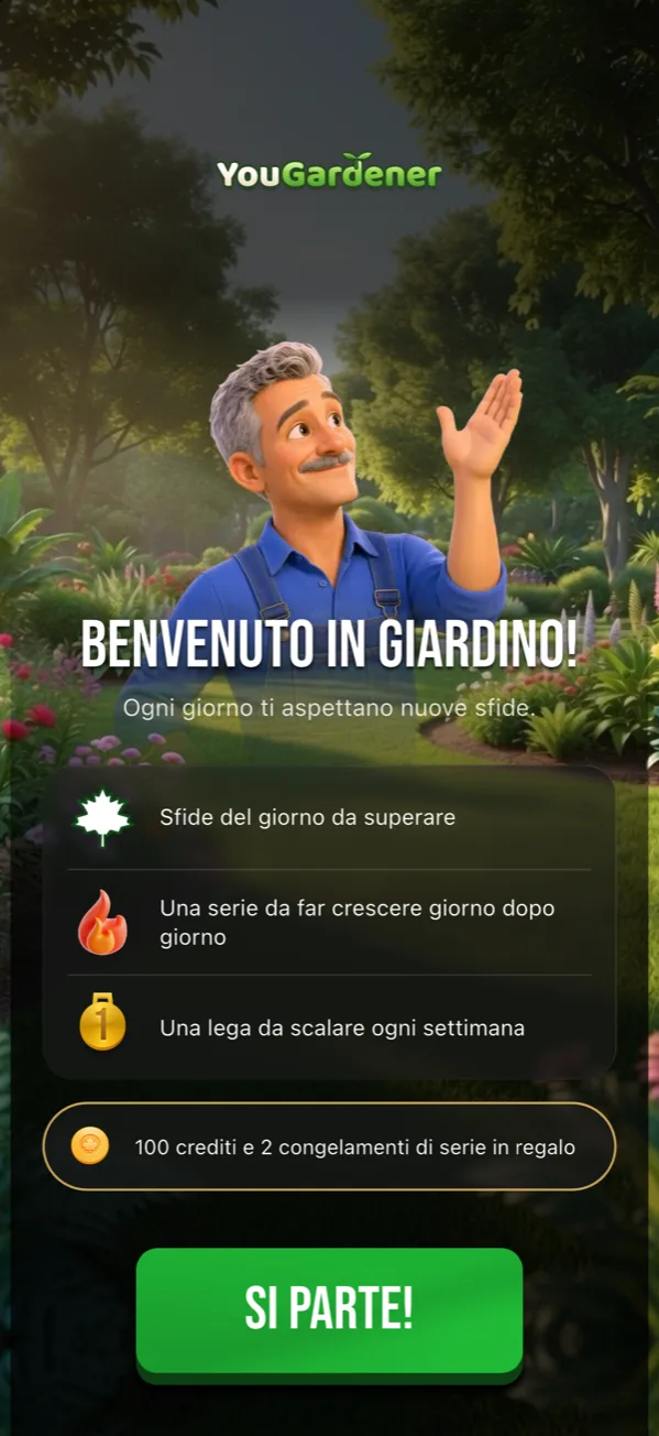Schermata di benvenuto: Pietro ti accoglie in giardino